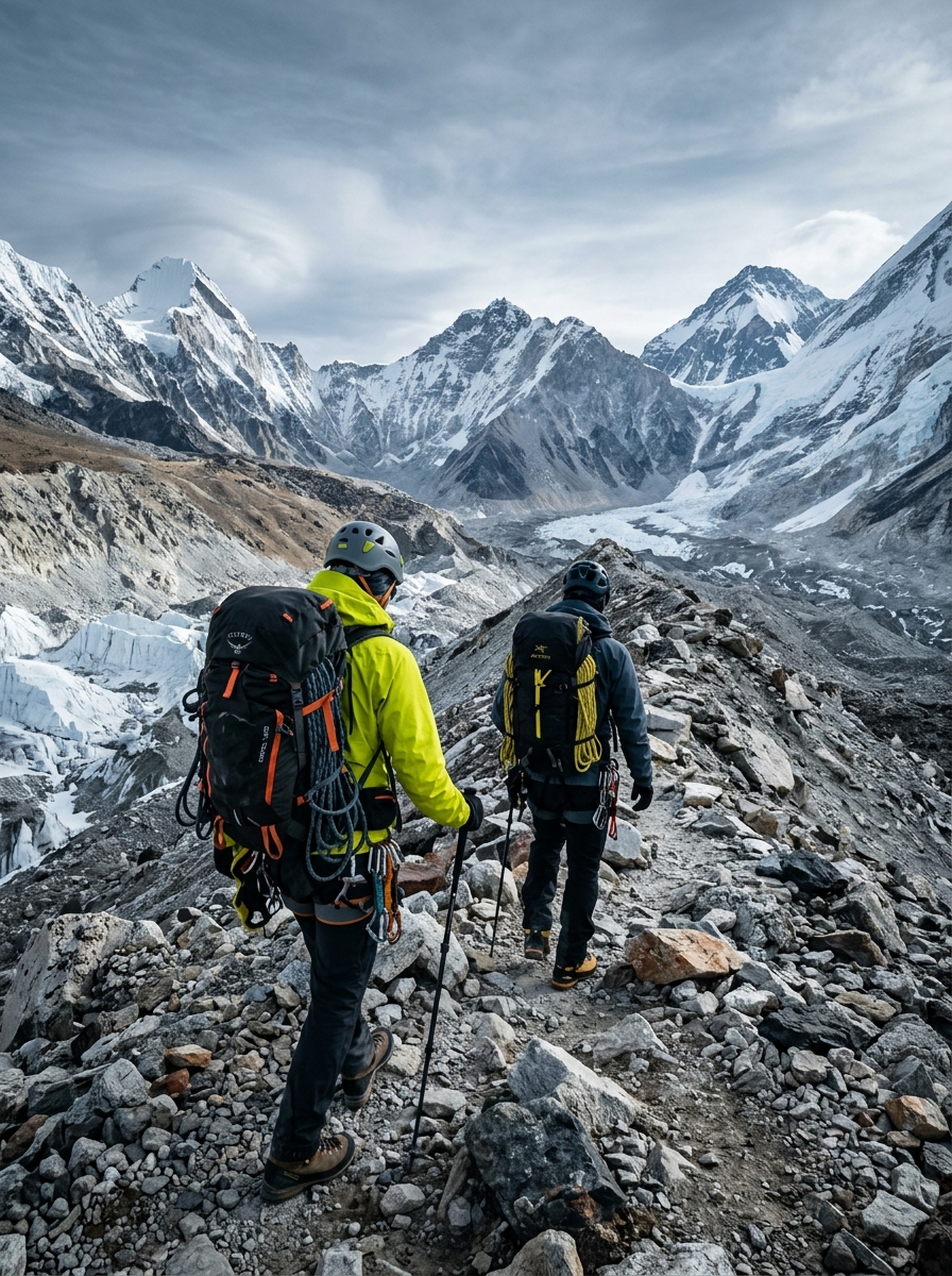 Mountaineers crossing a glacier moraine
