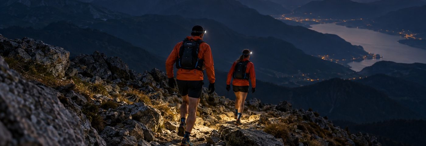 Ultrarunners traversing mountain ridgeline at dusk with headlamps